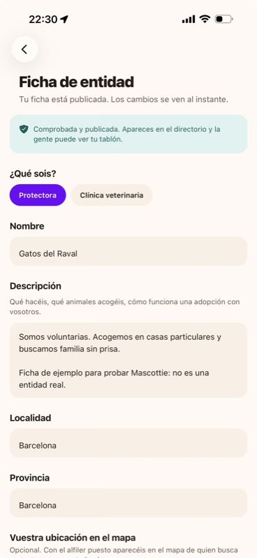 La ficha de una protectora con el sello de comprobada y publicada
