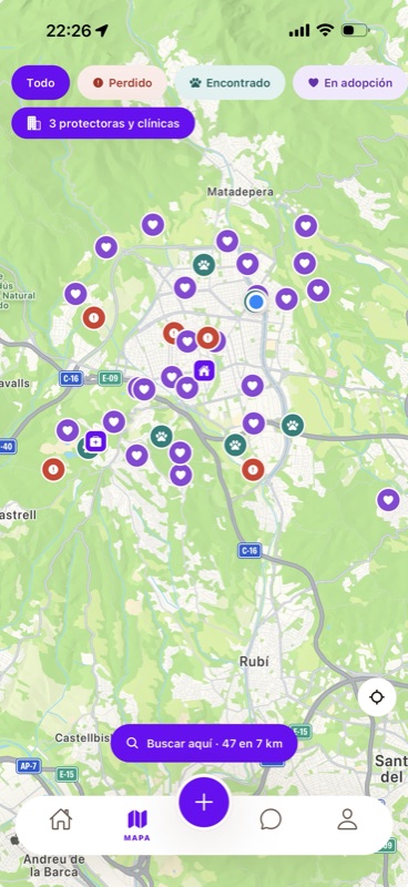 El mapa de Mascottie con avisos de animales perdidos, encontrados y en adopción repartidos por la zona de Terrassa