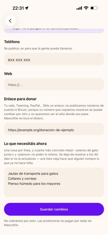 El formulario de la ficha de entidad con lo que necesitáis ahora y la frase «no cobramos por esto»