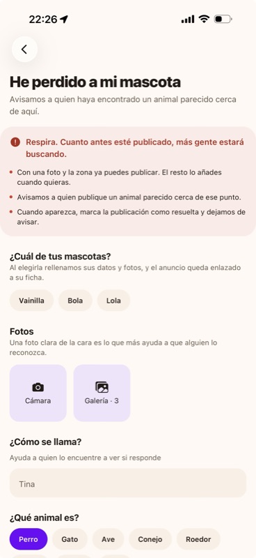 La pantalla de publicar un animal perdido en Mascottie, que empieza diciendo «Respira. Cuanto antes esté publicado, más gente estará buscando»